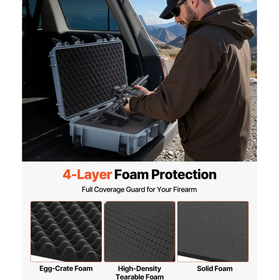 VEVOR Hard Rifle Case, Lockable Rifle Case with Pre-cut Foams, 40 in Gun Storage with Wheels, IP67 Waterproof & Dustproof Movable Large Pistol Storage for Rifles, Shotguns, Airsoft Guns, Grey