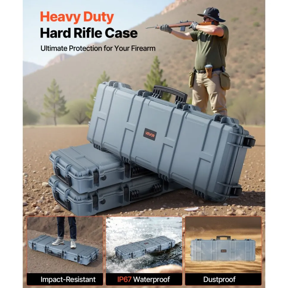VEVOR Hard Rifle Case, Lockable Rifle Case with Pre-cut Foams, 40 in Gun Storage with Wheels, IP67 Waterproof & Dustproof Movable Large Pistol Storage for Rifles, Shotguns, Airsoft Guns, Grey