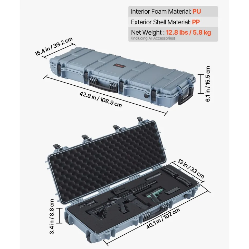 VEVOR Hard Rifle Case, Lockable Rifle Case with Pre-cut Foams, 40 in Gun Storage with Wheels, IP67 Waterproof & Dustproof Movable Large Pistol Storage for Rifles, Shotguns, Airsoft Guns, Grey