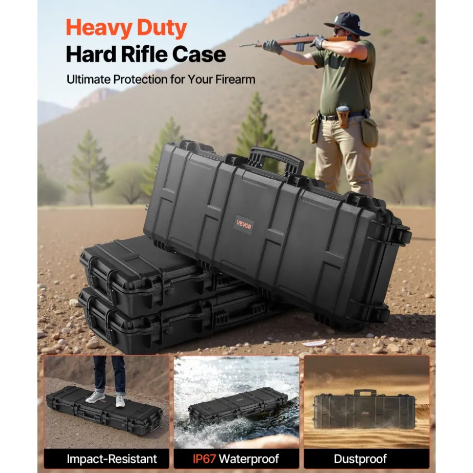 VEVOR Hard Rifle Case, Lockable Rifle Case with Pre-cut Foams, 40 in Gun Storage with Wheels, IP67 Waterproof & Dustproof Movable Large Pistol Storage for Rifles, Shotguns, Airsoft Guns, Black