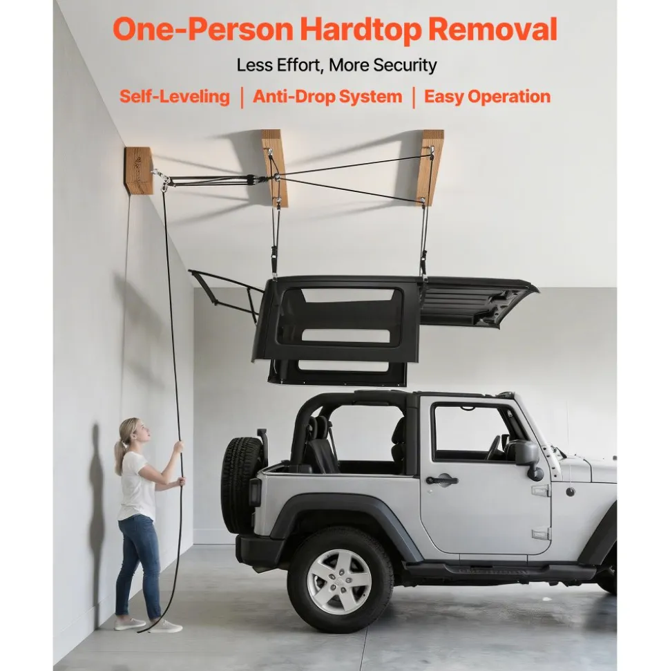 VEVOR Hard Top Remover Lift, 220 lbs, Jeep Hardtop Removal Storage Roof Hoist with Anti-Drop System, Easy One-Person Operation, Supports 8-16 in Ceiling, for 2-Door & 4-Door Jeep Wrangler JK JL & Ford