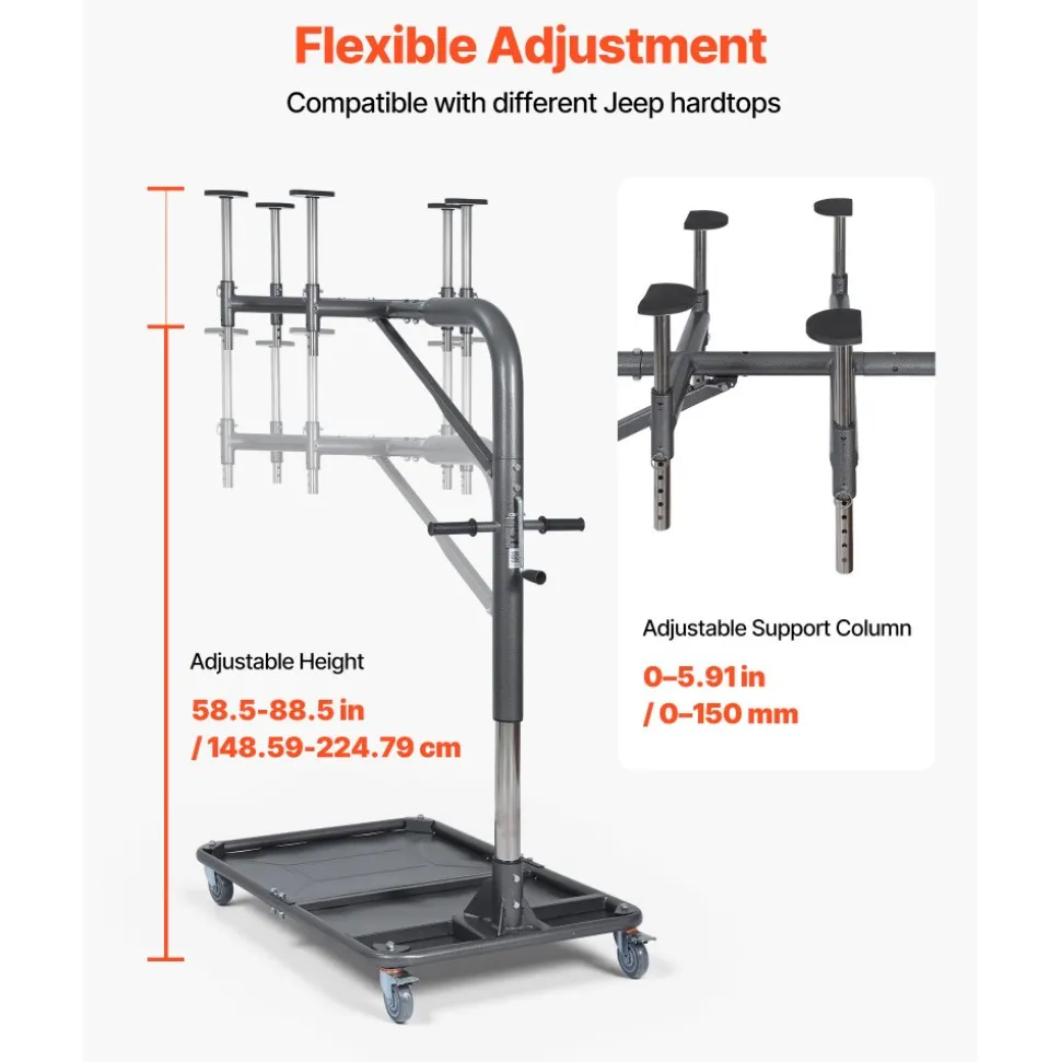 VEVOR Hard Top Remover Lift, 220 lbs, Jeep Hardtop Removal and Storage System, Quick & Easy One-Person Operation, Adjustable Height, for Jeep Wrangler YJ, TJ, JK, JL, 4XE, Ford Bronco 4 Door & 6 Gen+
