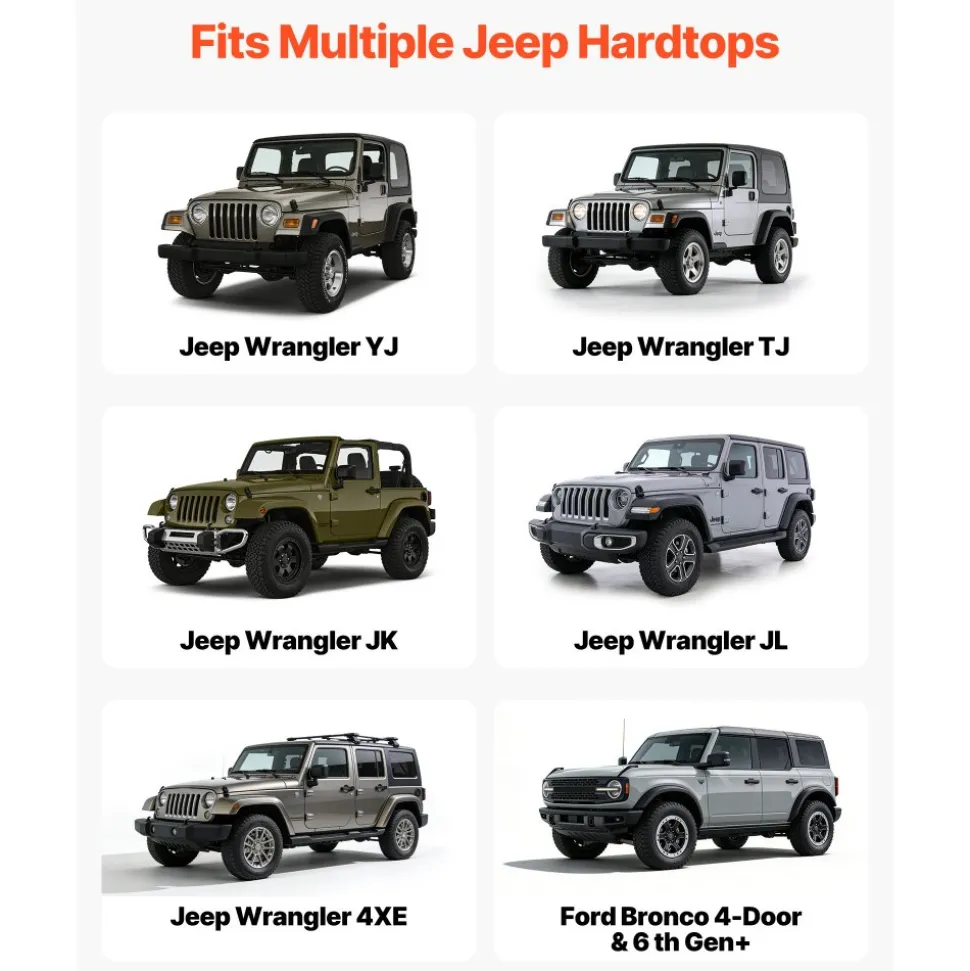 VEVOR Hard Top Remover Lift, 220 lbs, Jeep Hardtop Removal and Storage System, Quick & Easy One-Person Operation, Adjustable Height, for Jeep Wrangler YJ, TJ, JK, JL, 4XE, Ford Bronco 4 Door & 6 Gen+