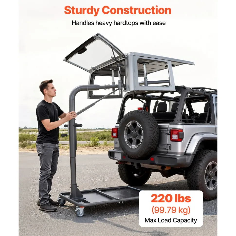 VEVOR Hard Top Remover Lift, 220 lbs, Jeep Hardtop Removal and Storage System, Quick & Easy One-Person Operation, Adjustable Height, for Jeep Wrangler YJ, TJ, JK, JL, 4XE, Ford Bronco 4 Door & 6 Gen+