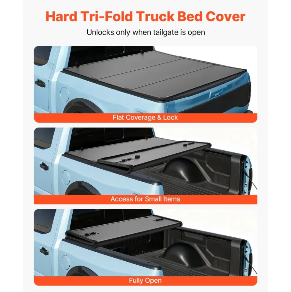 VEVOR Hard Tri-Fold Truck Bed Tonneau Cover, Compatible with 2015-2026 Ford F150 5.5 ft (67.1 in) Bed, Waterproof Folding Truck Tonneau Cover with Heavy-Duty Fiberglass and Aluminum Alloy Support Bar