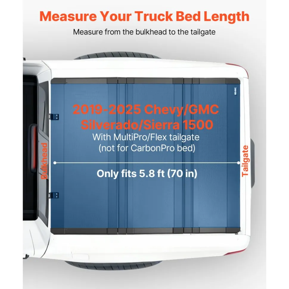 VEVOR Hard Tri-Fold Truck Bed Tonneau Cover, Compatible with 2019-2025 Chevy/GMC Silverado/Sierra 1500 5.8 ft (70 in) Bed with MultiPro/Flex Tailgate (Not Fit CarbonPro), Waterproof Low-Profile Cover