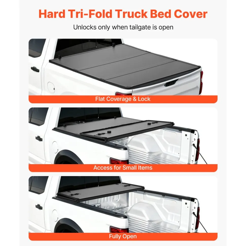 VEVOR Hard Tri-Fold Truck Bed Tonneau Cover, Compatible with 2007-2026 Chevy Silverado/GMC Sierra 1500 5.8 ft (69.3 in) Short Box (No CarbonPro Bed), Waterproof Fiberglass Folding Truck Tonneau Cover