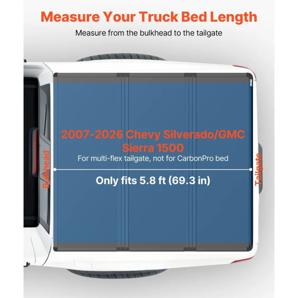 VEVOR Hard Tri-Fold Truck Bed Tonneau Cover, Compatible with 2007-2026 Chevy Silverado/GMC Sierra 1500 5.8 ft (69.3 in) Short Box (No CarbonPro Bed), Waterproof Fiberglass Folding Truck Tonneau Cover