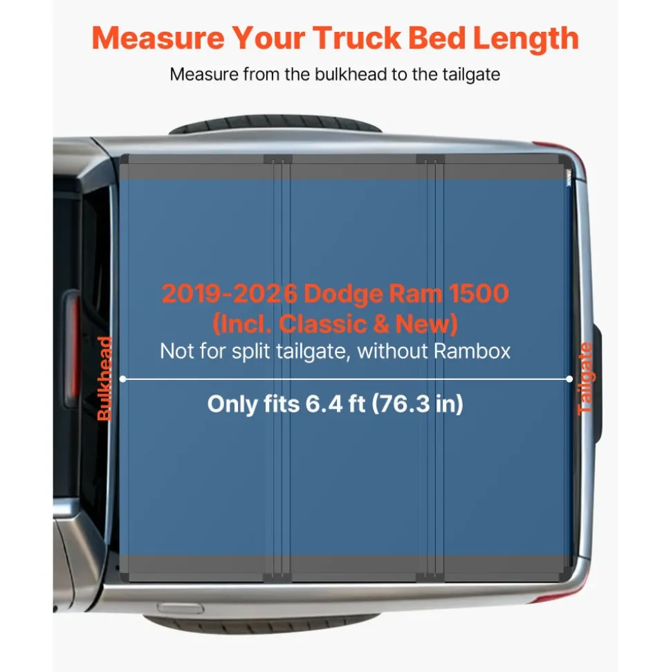 VEVOR Hard Tri-Fold Truck Bed Tonneau Cover, Compatible with 2019-2026 Dodge Ram 1500 (Incl. Classic & New) 6.4 ft (76.3 in) Bed Without Rambox (Not Fit Split Tailgate), Waterproof Folding Truck Cover