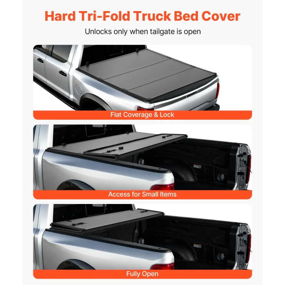 VEVOR Hard Tri-Fold Truck Bed Tonneau Cover, Compatible with 2019-2026 Dodge Ram 1500 (Incl. Classic & New) 6.4 ft (76.3 in) Bed Without Rambox (Not Fit Split Tailgate), Waterproof Folding Truck Cover