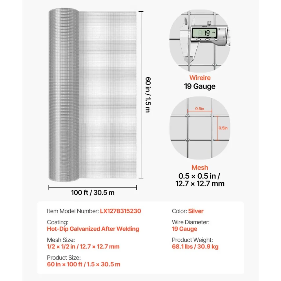 VEVOR Hardware Cloth 1/4 inch 48 inch x 100 ft 23 Gauge Chicken Wire Fence, Hot-Dip Galvanized After Welding Metal Wire Mesh Roll, Garden Plant Welded Fencing Roll Supports Poultry Netting Cage Fence