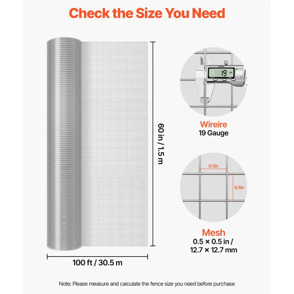 VEVOR Hardware Cloth 1/4 inch 48 inch x 100 ft 23 Gauge Chicken Wire Fence, Hot-Dip Galvanized After Welding Metal Wire Mesh Roll, Garden Plant Welded Fencing Roll Supports Poultry Netting Cage Fence