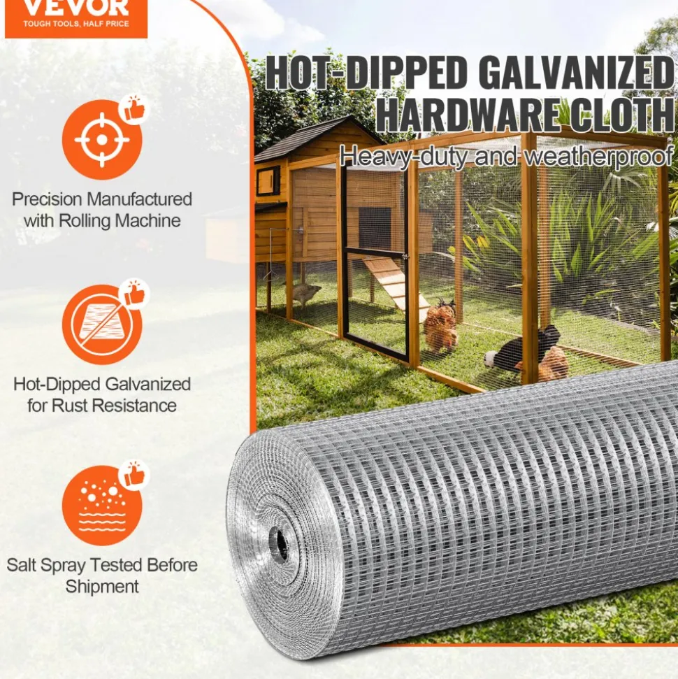 VEVOR Hardware Cloth 1/2 inch 36 inch x 100 ft 19 Gauge Chicken Wire Fence, Hot-Dip Galvanized After Welding Metal Wire Mesh Roll, Garden Plant Welded Fencing Roll Supports Poultry Netting Cage Fence
