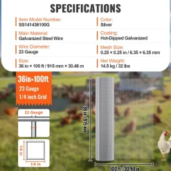 VEVOR Hardware Cloth 1/4 inch 36 inch x 100 ft 23 Gauge Chicken Wire Fence, Hot-Dip Galvanized After Welding Metal Wire Mesh Roll, Garden Plant Welded Fencing Roll Supports Poultry Netting Cage Fence