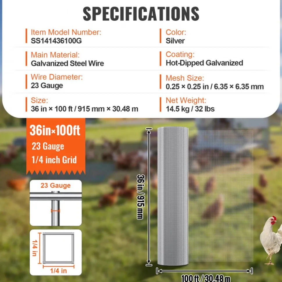 VEVOR Hardware Cloth 1/4 inch 36 inch x 100 ft 23 Gauge Chicken Wire Fence, Hot-Dip Galvanized After Welding Metal Wire Mesh Roll, Garden Plant Welded Fencing Roll Supports Poultry Netting Cage Fence
