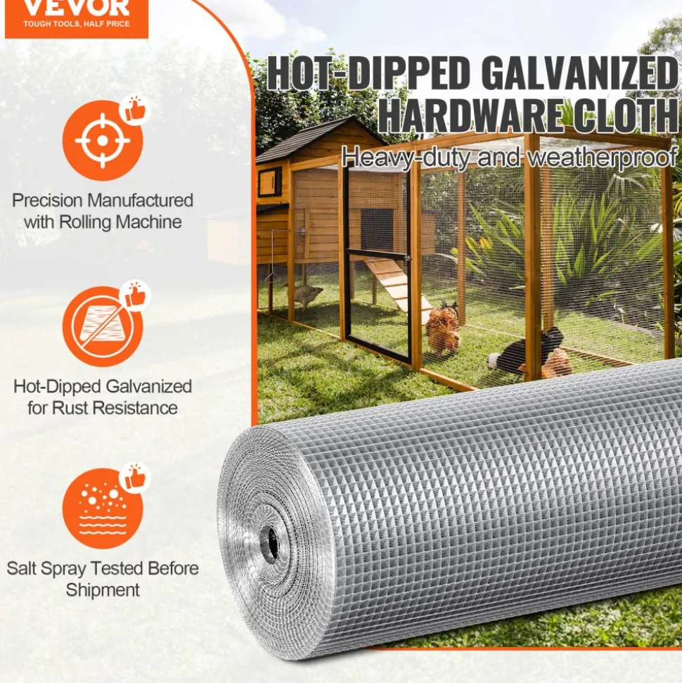 VEVOR Hardware Cloth 1/4 inch 36 inch x 100 ft 23 Gauge Chicken Wire Fence, Hot-Dip Galvanized After Welding Metal Wire Mesh Roll, Garden Plant Welded Fencing Roll Supports Poultry Netting Cage Fence
