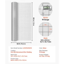 VEVOR Hardware Cloth 1/4 inch 48 inch x 50 ft 23 Gauge Chicken Wire Fence, Hot-Dip Galvanized After Welding Metal Wire Mesh Roll, Garden Plant Welded Fencing Roll Supports Poultry Netting Cage Fence