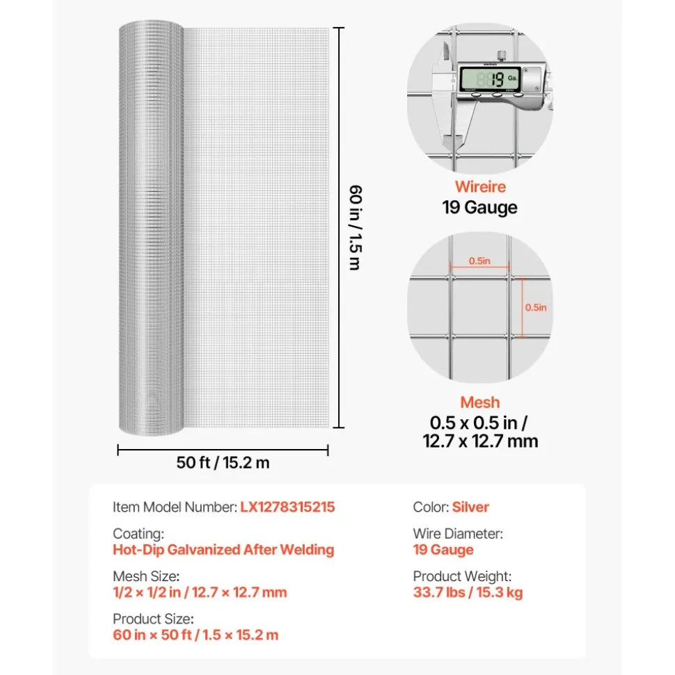 VEVOR Hardware Cloth 1/4 inch 48 inch x 50 ft 23 Gauge Chicken Wire Fence, Hot-Dip Galvanized After Welding Metal Wire Mesh Roll, Garden Plant Welded Fencing Roll Supports Poultry Netting Cage Fence