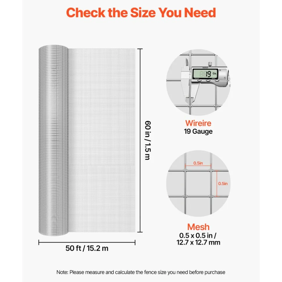 VEVOR Hardware Cloth 1/4 inch 48 inch x 50 ft 23 Gauge Chicken Wire Fence, Hot-Dip Galvanized After Welding Metal Wire Mesh Roll, Garden Plant Welded Fencing Roll Supports Poultry Netting Cage Fence