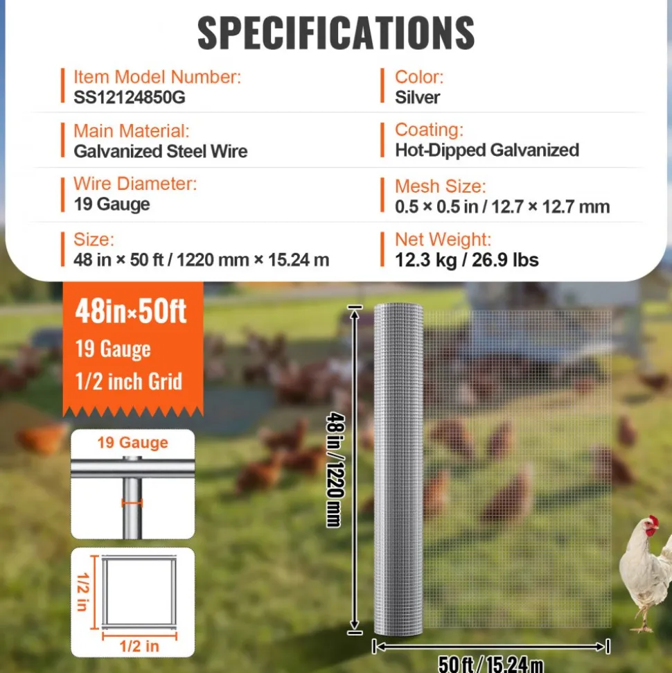 VEVOR Hardware Cloth, 1/4 inch 36in x 100 ft 23 Gauge, Hot Dipped Galvanized Wire Mesh Roll, Chicken Wire Fencing, Wire Mesh for Rabbit Cages, Garden, Small Rodents