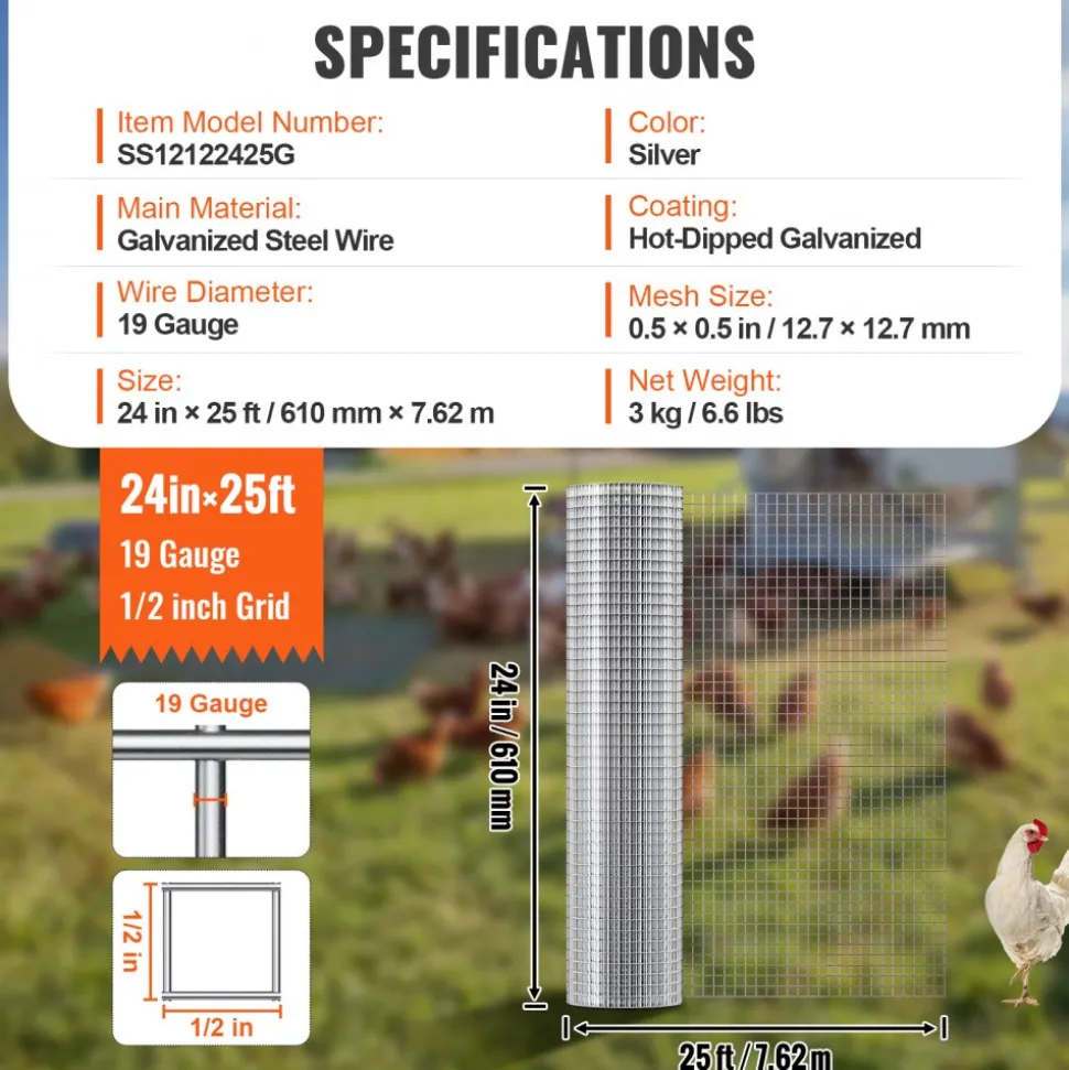 VEVOR Hardware Cloth, 1/2 inch 24in x 25 ft 19 Gauge, Hot Dipped Galvanized Wire Mesh Roll, Chicken Wire Fencing, Wire Mesh for Rabbit Cages, Garden, Small Rodents