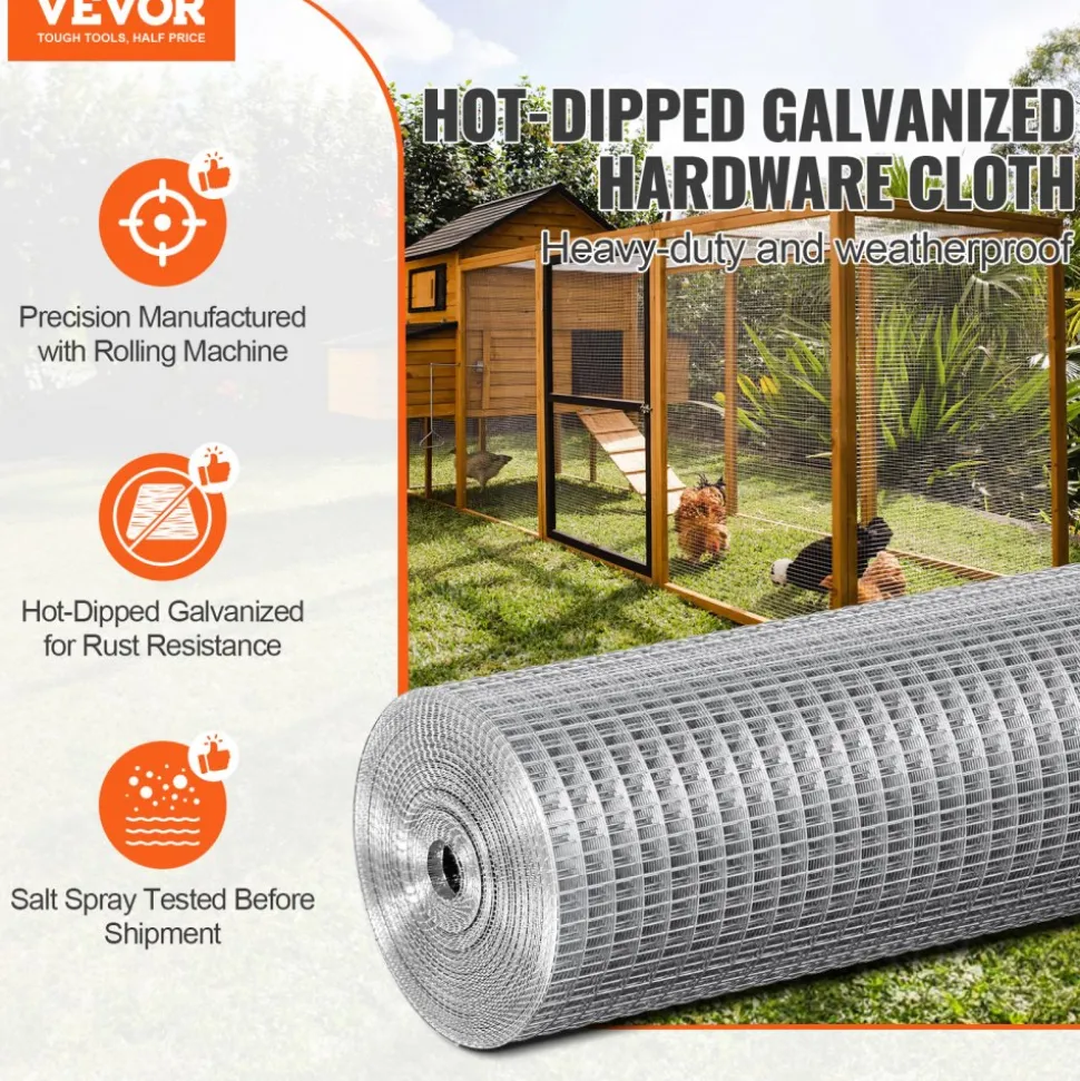 VEVOR Hardware Cloth, 1/2 inch 24in x 25 ft 19 Gauge, Hot Dipped Galvanized Wire Mesh Roll, Chicken Wire Fencing, Wire Mesh for Rabbit Cages, Garden, Small Rodents