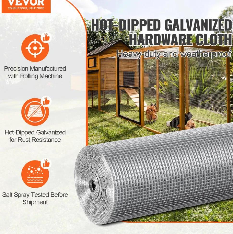 VEVOR Hardware Cloth, 1/4 inch 36in x 50 ft 23 Gauge, Hot Dipped Galvanized Wire Mesh Roll, Chicken Wire Fencing, Wire Mesh for Rabbit Cages, Garden, Small Rodents