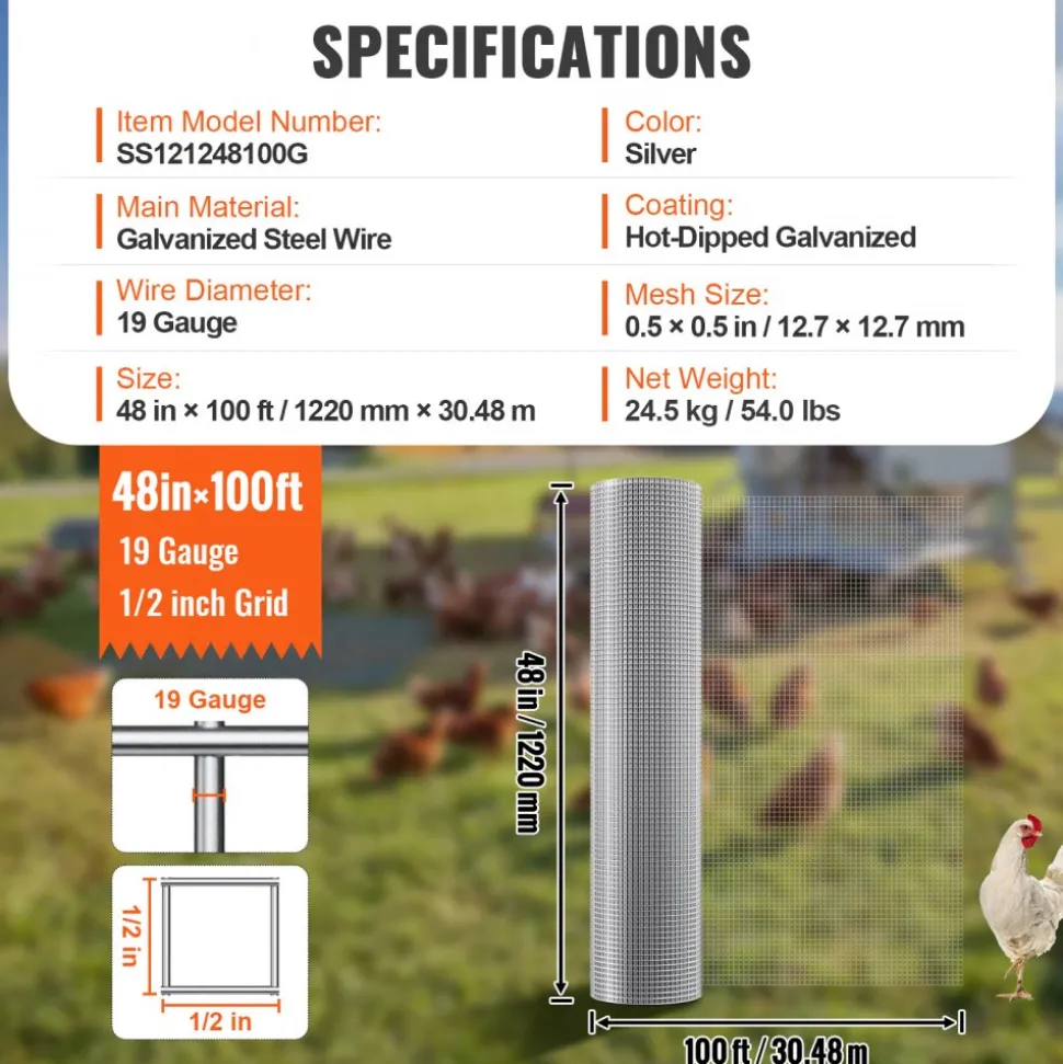 VEVOR Hardware Cloth, 1/2 inch 48in x 100 ft 19 Gauge, Hot Dipped Galvanized Wire Mesh Roll, Chicken Wire Fencing, Wire Mesh for Rabbit Cages, Garden, Small Rodents