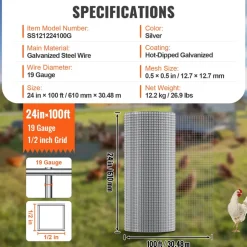 VEVOR Hardware Cloth, 1/2 inch 24in x 100 ft 19 Gauge, Hot Dipped Galvanized Wire Mesh Roll, Chicken Wire Fencing, Wire Mesh for Rabbit Cages, Garden, Small Rodents