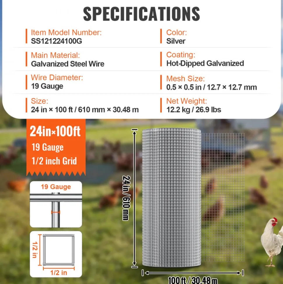 VEVOR Hardware Cloth, 1/2 inch 24in x 100 ft 19 Gauge, Hot Dipped Galvanized Wire Mesh Roll, Chicken Wire Fencing, Wire Mesh for Rabbit Cages, Garden, Small Rodents