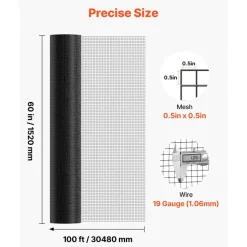 VEVOR Hardware Cloth 60 in x 100 ft, 1/2 in 19 Gauge Galvanized Wire Mesh Roll, Weather-Resistant Vinyl Coated Chicken Wire Fencing, Heavy Duty Welded Garden Plant Fencing for Rabbit Cage Snake Fence
