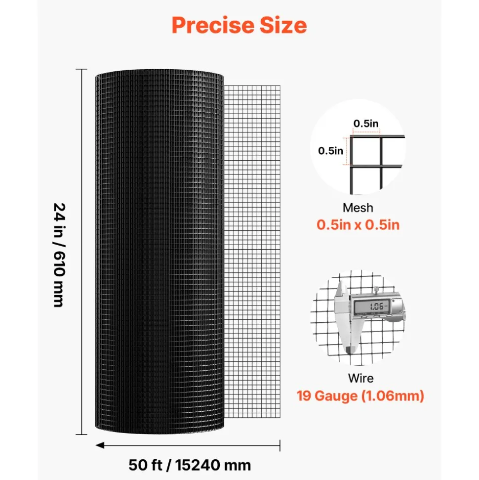 VEVOR Hardware Cloth 24 in x 50 ft, 1/2 in 19 Gauge Galvanized Wire Mesh Roll, Weather-Resistant Vinyl Coated Chicken Wire Fencing, Heavy Duty Welded Garden Plant Fencing for Rabbit Cage Snake Fence
