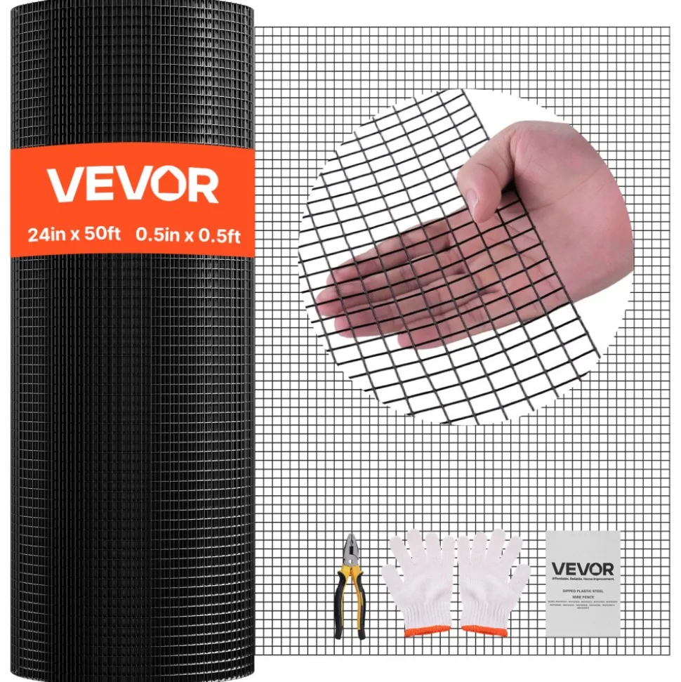 VEVOR Hardware Cloth 24 in x 50 ft, 1/2 in 19 Gauge Galvanized Wire Mesh Roll, Weather-Resistant Vinyl Coated Chicken Wire Fencing, Heavy Duty Welded Garden Plant Fencing for Rabbit Cage Snake Fence