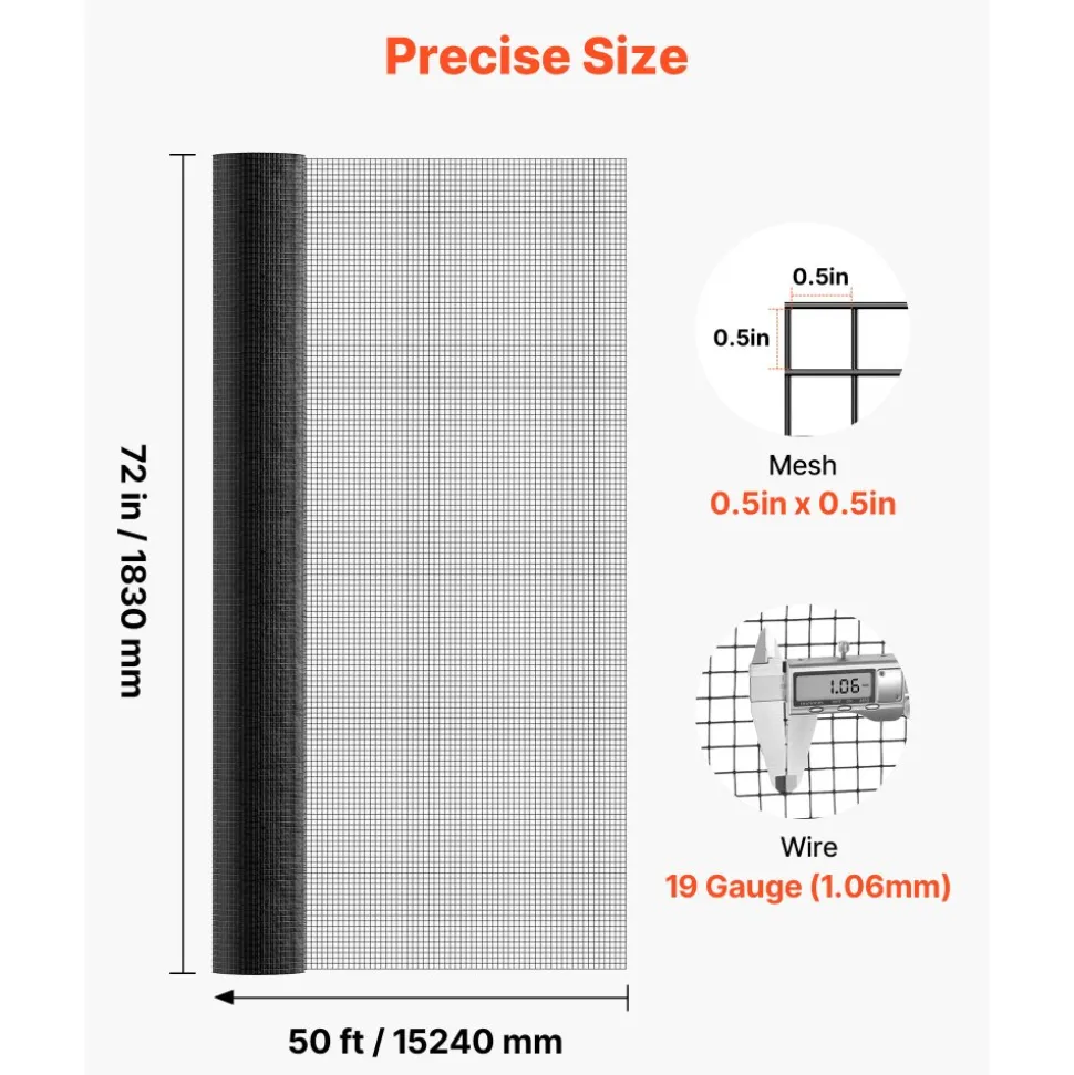 VEVOR Hardware Cloth 72 in x 50 ft, 1/2 in 19 Gauge Galvanized Wire Mesh Roll, Weather-Resistant Vinyl Coated Chicken Wire Fencing, Heavy Duty Welded Garden Plant Fencing for Rabbit Cage Snake Fence