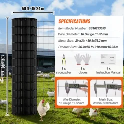 VEVOR Hardware Cloth, 36'' x 50' Galvanized Wire Mesh Roll, 16 Gauge Chicken Wire Fence Roll, Vinyl Coating Metal Wire Mesh for Chicken Coop Barrier, Rabbit Snake Fences, Poultry Enclosures