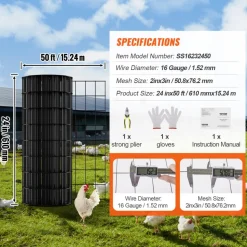VEVOR Hardware Cloth, 24'' x 50' Galvanized Wire Mesh Roll, 16 Gauge Chicken Wire Fence Roll, Vinyl Coating Metal Wire Mesh for Chicken Coop Barrier, Rabbit Snake Fences, Poultry Enclosures