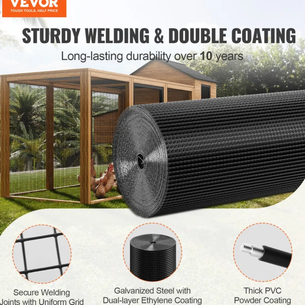 VEVOR Hardware Cloth, 36'' x 100' Galvanized Wire Mesh Roll, 19 Gauge Chicken Wire Fence Roll, Vinyl Coating Metal Wire Mesh for Chicken Coop Barrier, Rabbit Snake Fences, Poultry Enclosures