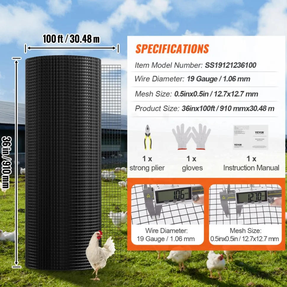 VEVOR Hardware Cloth, 36'' x 100' Galvanized Wire Mesh Roll, 19 Gauge Chicken Wire Fence Roll, Vinyl Coating Metal Wire Mesh for Chicken Coop Barrier, Rabbit Snake Fences, Poultry Enclosures