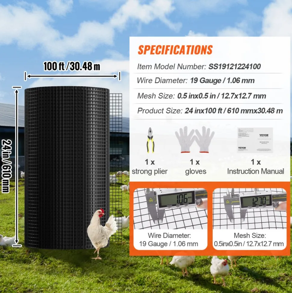 VEVOR Hardware Cloth, 48'' x 50' Galvanized Wire Mesh Roll, 19 Gauge Chicken Wire Fence Roll, Vinyl Coating Metal Wire Mesh for Chicken Coop Barrier, Rabbit Snake Fences, Poultry Enclosures