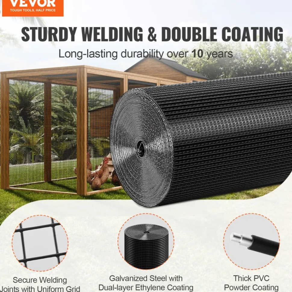 VEVOR Hardware Cloth, 48'' x 50' Galvanized Wire Mesh Roll, 19 Gauge Chicken Wire Fence Roll, Vinyl Coating Metal Wire Mesh for Chicken Coop Barrier, Rabbit Snake Fences, Poultry Enclosures