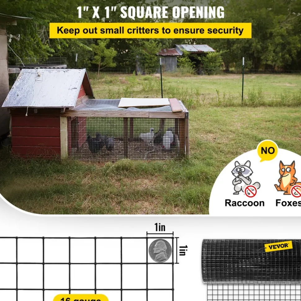 VEVOR Hardware Cloth, 24" x50' & 1"x1" Mesh Size, Galvanized Steel Vinyl Coated 16 Gauge Welded Wire with A Cutting Plier & A Pair of Fabric Gloves, for Garden Fencing & Pet Enclosures, Black