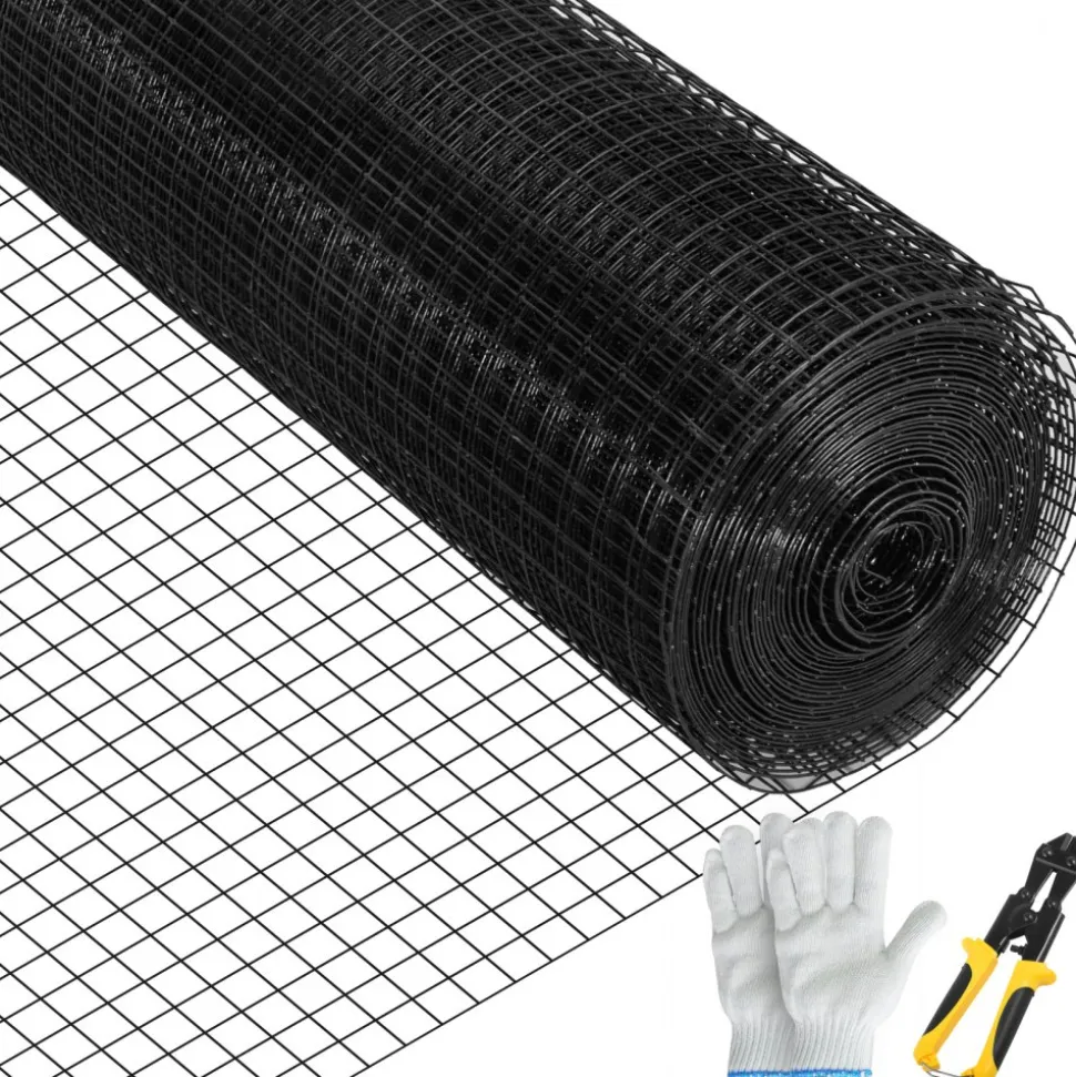 VEVOR Hardware Cloth, 24" x50' & 1"x1" Mesh Size, Galvanized Steel Vinyl Coated 16 Gauge Welded Wire with A Cutting Plier & A Pair of Fabric Gloves, for Garden Fencing & Pet Enclosures, Black