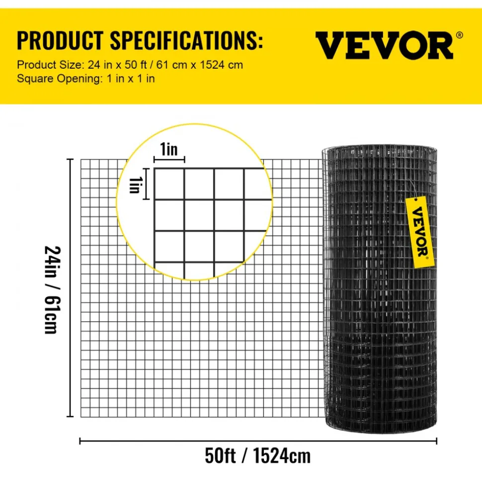 VEVOR Hardware Cloth, 24" x50' & 1"x1" Mesh Size, Galvanized Steel Vinyl Coated 16 Gauge Welded Wire with A Cutting Plier & A Pair of Fabric Gloves, for Garden Fencing & Pet Enclosures, Black