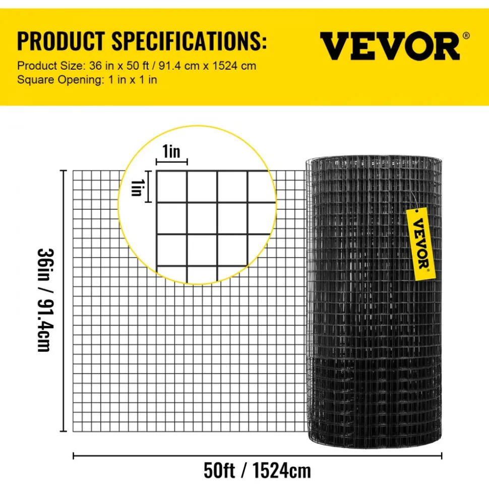 VEVOR Hardware Cloth, 36" x 50' & 1"x1" Mesh Size, Galvanized Steel Vinyl Coated 16 Gauge Chicken Wire Fencing with A Cutting Plier & A Pair of Fabric Gloves, for Garden Fencing & Pet Enclosures,
