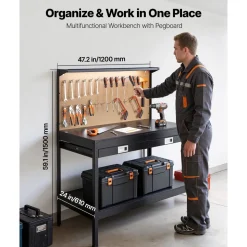 VEVOR Hardwood Workbench, 242.5 lbs Weight Capacity, 47.2-inch Heavy Duty Workbench with Pegboard, 4 AC Outlets & 2 USB Ports, 4.9 ft Cable & 30 Hooks, Garage Work Bench with Drawer for Workshop