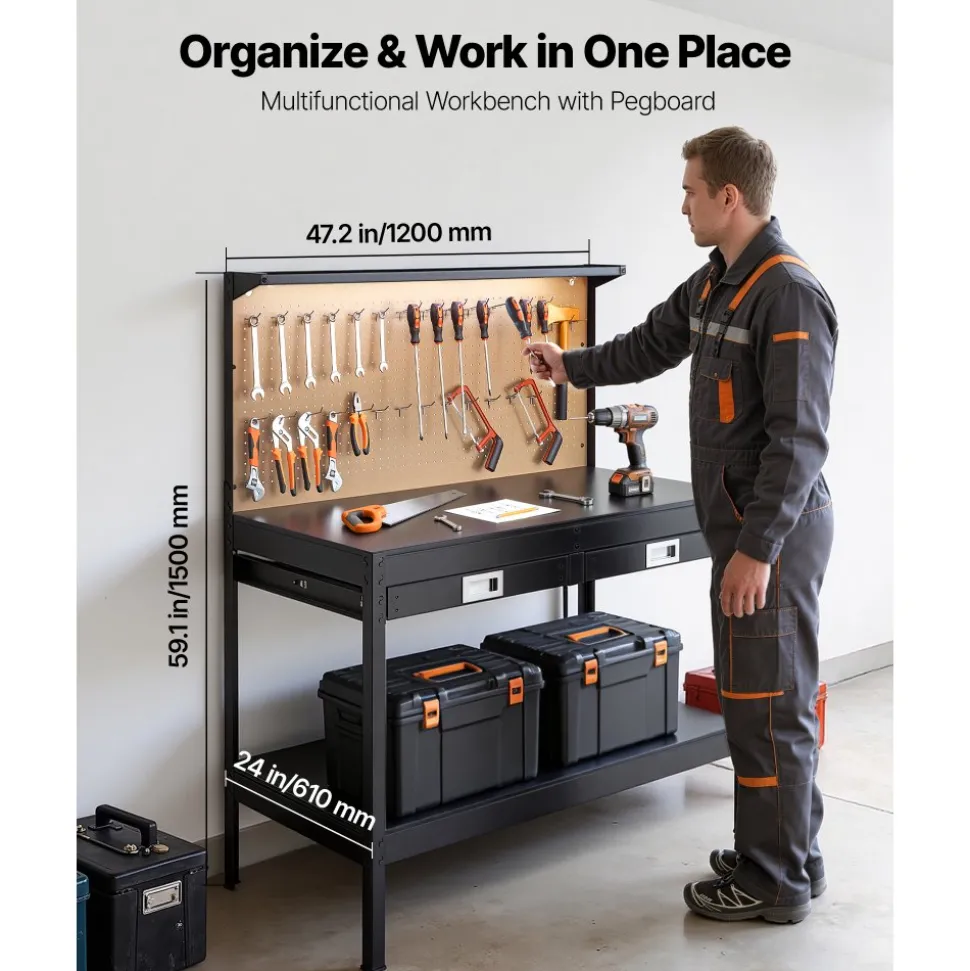 VEVOR Hardwood Workbench, 242.5 lbs Weight Capacity, 47.2-inch Heavy Duty Workbench with Pegboard, 4 AC Outlets & 2 USB Ports, 4.9 ft Cable & 30 Hooks, Garage Work Bench with Drawer for Workshop