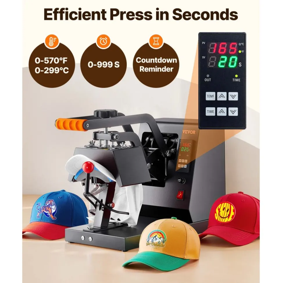 VEVOR Hat Heat Press, 4-in-1 Cap Heat Press Machine, 6 x 3in Clamshell Sublimation Transfer, LCD Digital Timer Temperature Control with 4pcs Curved Heating Elements (6x3/6.7x2.7/6.7x2.7/8.1x3.5)
