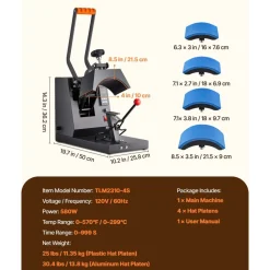 VEVOR Hat Heat Press, 4-in-1 Cap Heat Press Machine, 6 x 3in Clamshell Sublimation Transfer, LCD Digital Timer Temperature Control with 4pcs Curved Heating Elements (6x3/6.7x2.7/6.7x2.7/8.1x3.5)