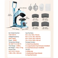 VEVOR Hat Heat Press Machine, with 4 Interchangeable Platens and Caps Stretcher, Precise Temperature & Time Control, Heat Press for Hats and Caps, for HTV Iron On and Sublimation Projects, Light Blue