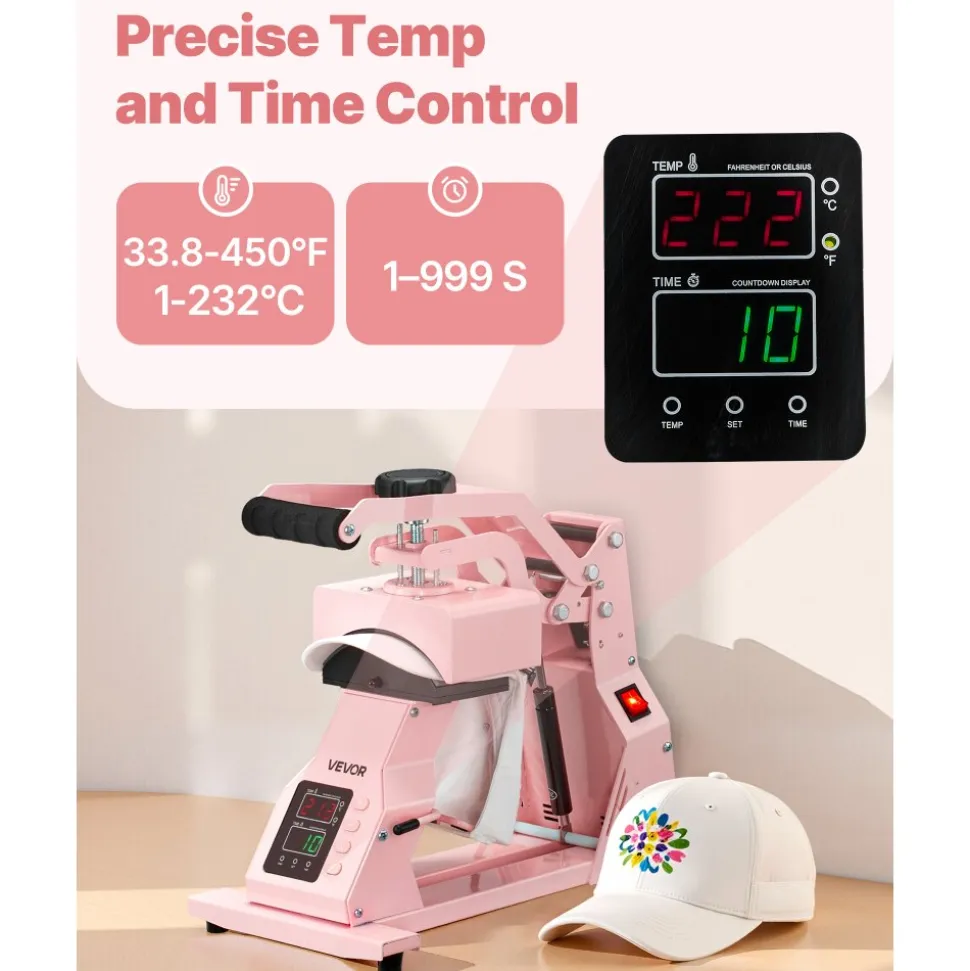 VEVOR Hat Heat Press Machine, with 4pcs Interchangeable Platens, Precise Temperature and Time Control, Hat Press for HTV Iron On and Sublimation Projects, for Caps, Headbands, Cuffs, Face Masks, Pink